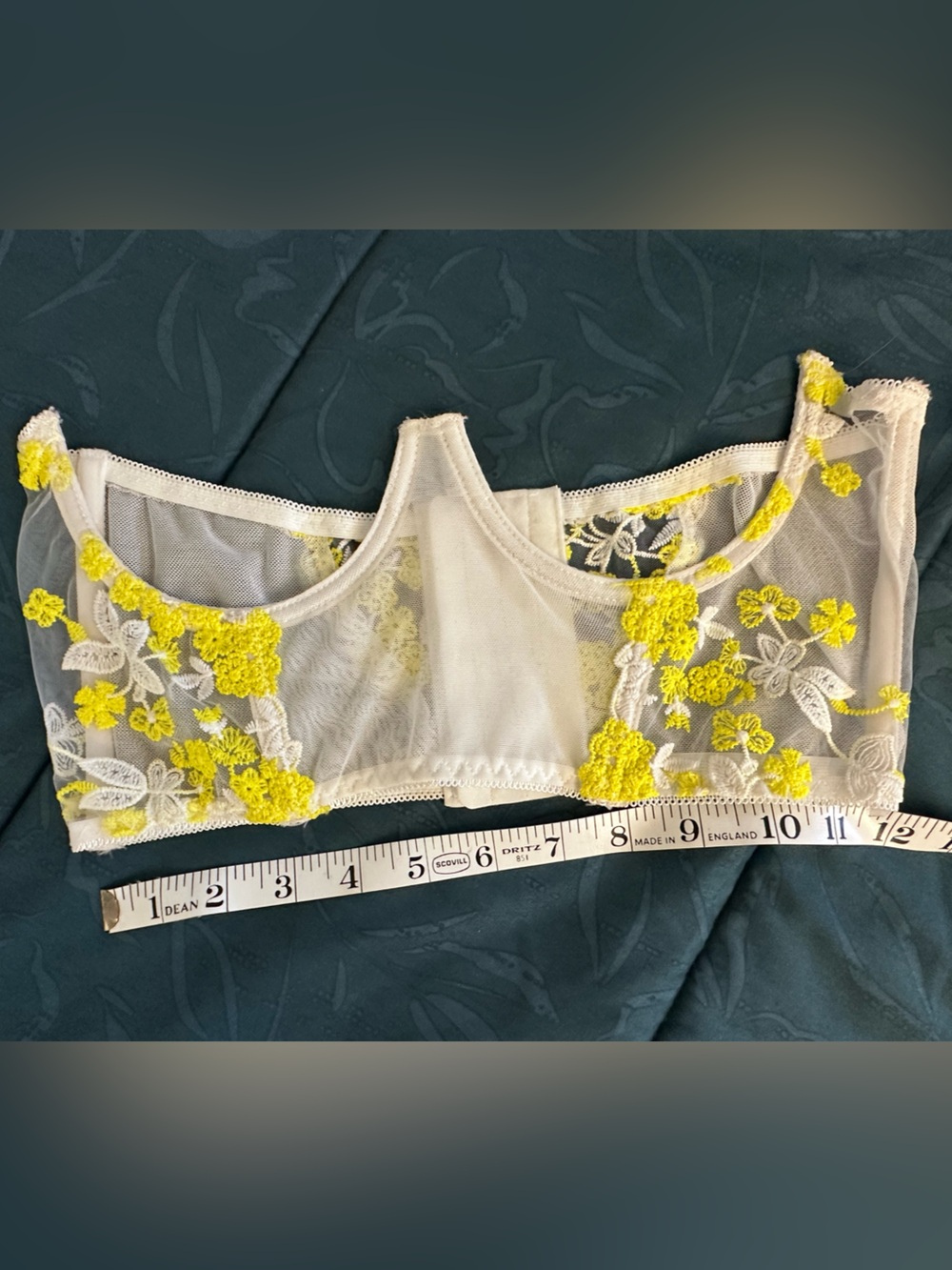 Cupless, Sheer, Embroidered Bralette with Yellow Floral Detail.